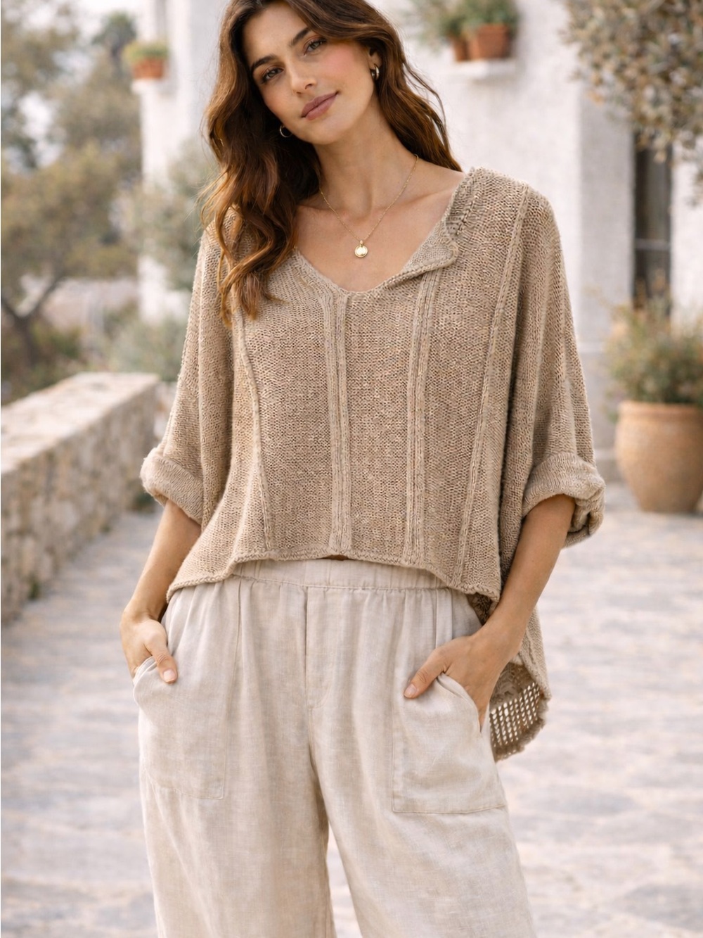 Toscana Beige Asymmetry Cotton Knit NWT OS